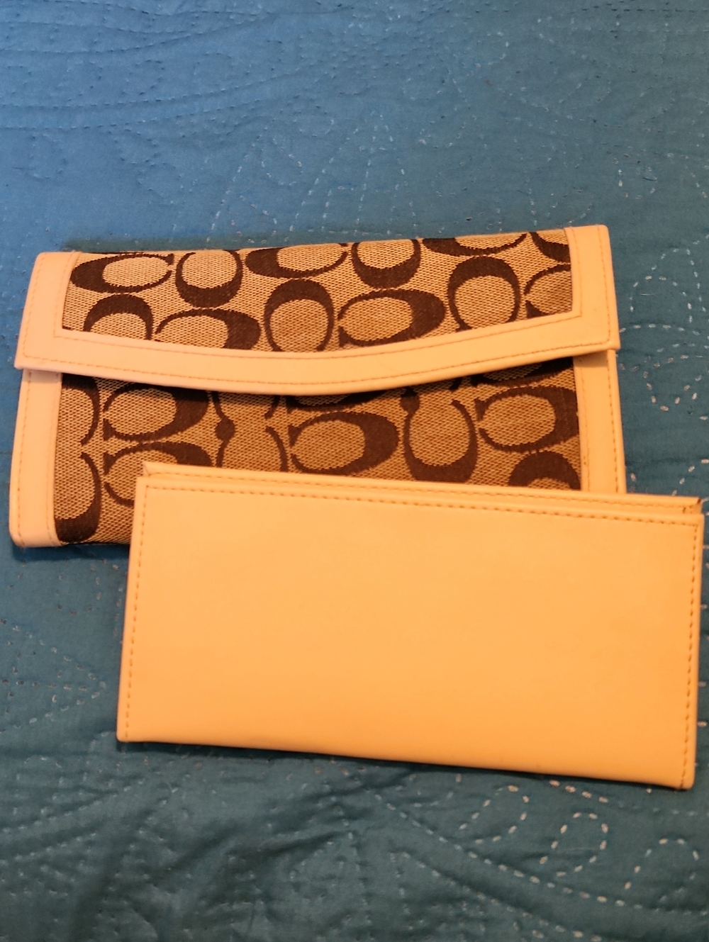 Coach 2 Piece  Brown Signature Canvas Wallet with Cream Trim